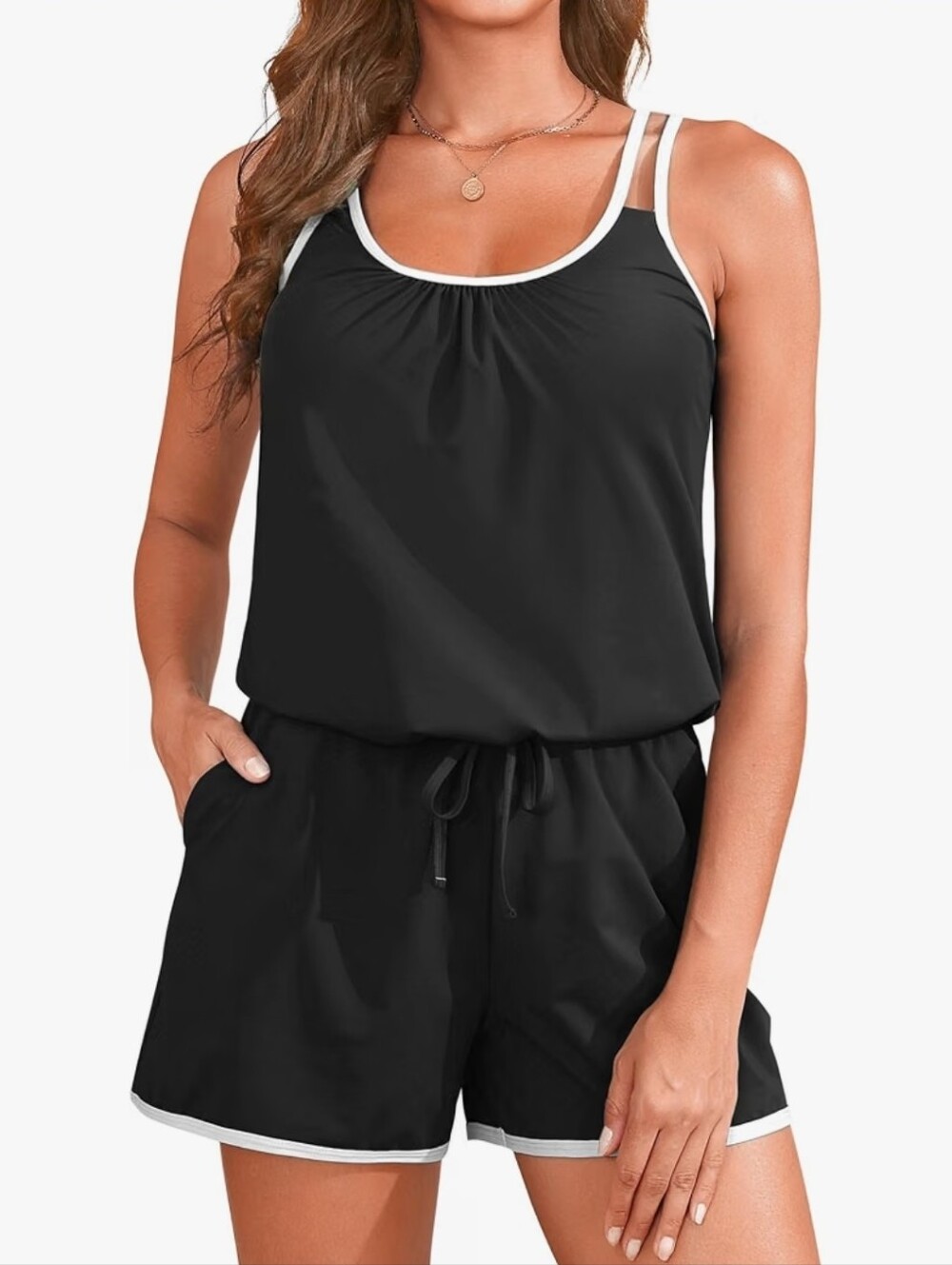 Tempt Me Romper One Piece Swimsuit  Drawstring Shorts Women Pockets Small New